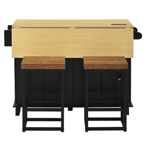 English Elm [product Topmax Farmhouse Island Table with Drop Leaf Power Outlet Drawers and 2 Stools Black N717S000234B