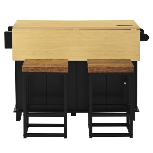 English Elm [product Topmax Farmhouse Island Table with Drop Leaf Power Outlet Drawers and 2 Stools Black N717S000234B