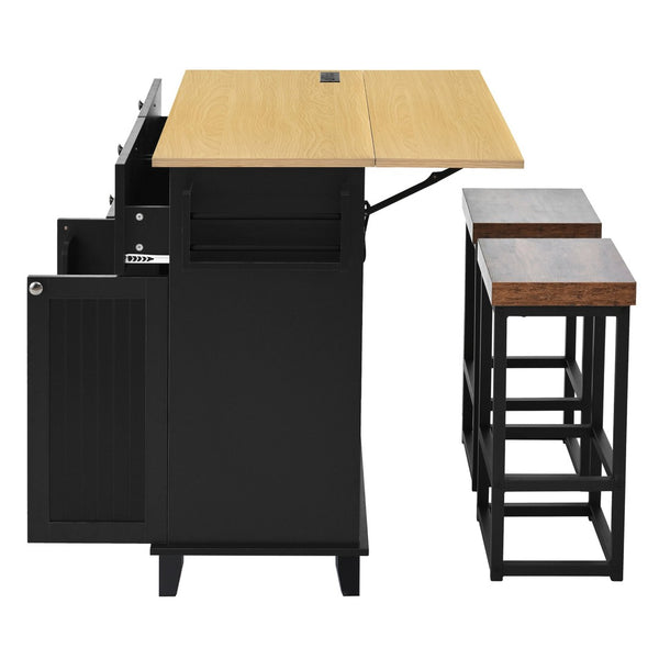 English Elm [product Topmax Farmhouse Island Table with Drop Leaf Power Outlet Drawers and 2 Stools Black N717S000234B