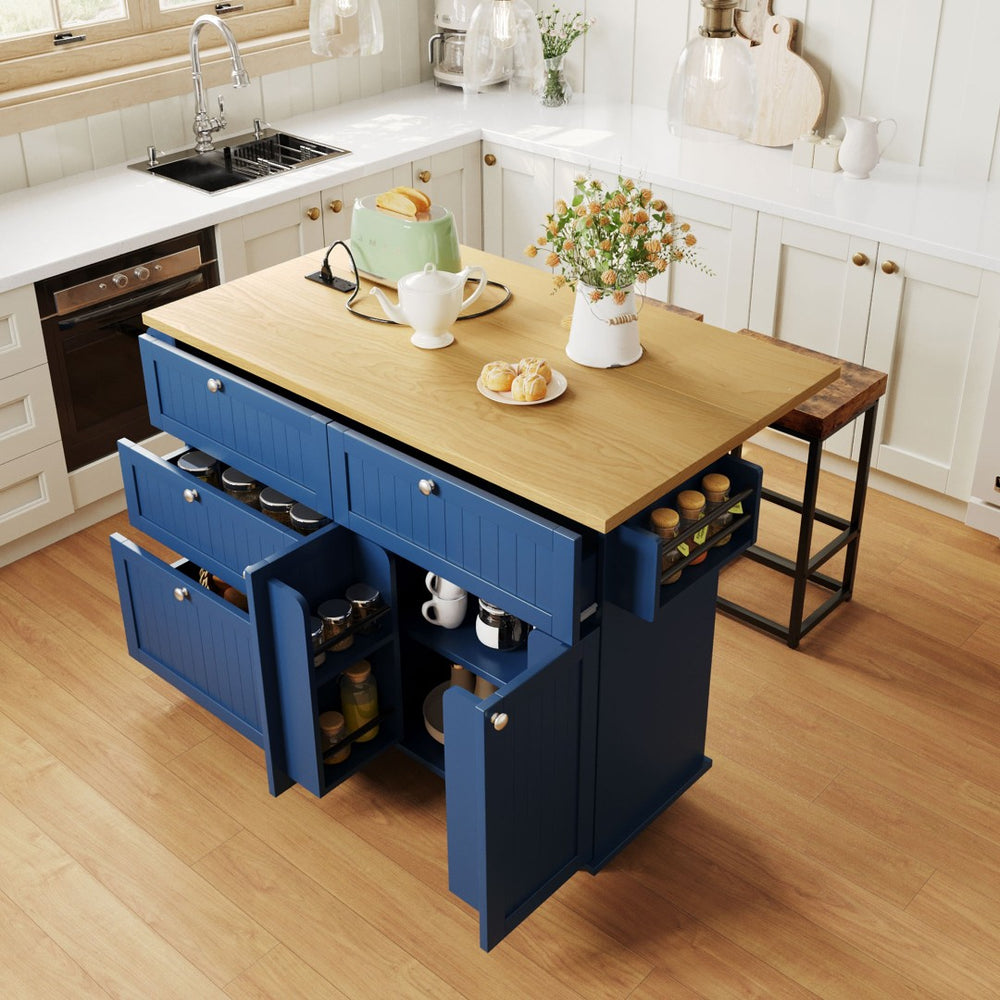 English Elm [product Topmax Farmhouse Island Table with Drop Leaf Power Outlet Drawers and 2 Stools Blue N717S000234C