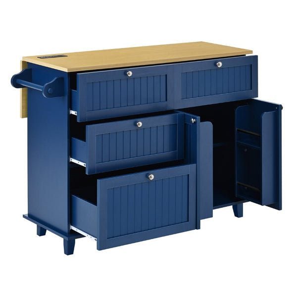 English Elm [product Topmax Farmhouse Island Table with Drop Leaf Power Outlet Drawers and 2 Stools Blue N717S000234C