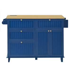 English Elm [product Topmax Farmhouse Island Table with Drop Leaf Power Outlet Drawers and 2 Stools Blue N717S000234C