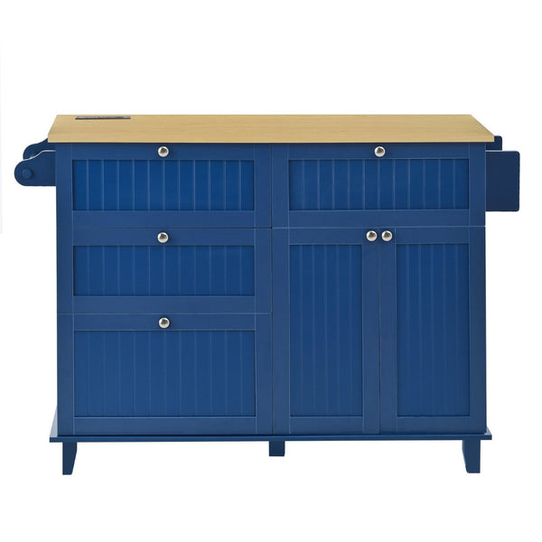 English Elm [product Topmax Farmhouse Island Table with Drop Leaf Power Outlet Drawers and 2 Stools Blue N717S000234C