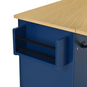 English Elm [product Topmax Farmhouse Island Table with Drop Leaf Power Outlet Drawers and 2 Stools Blue N717S000234C