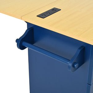 English Elm [product Topmax Farmhouse Island Table with Drop Leaf Power Outlet Drawers and 2 Stools Blue N717S000234C