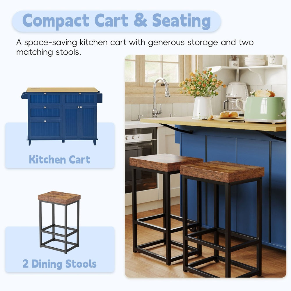 English Elm [product Topmax Farmhouse Island Table with Drop Leaf Power Outlet Drawers and 2 Stools Blue N717S000234C