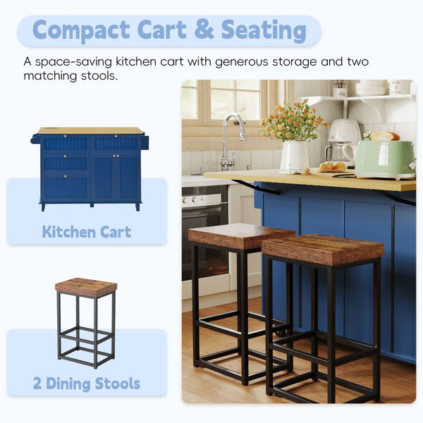 English Elm [product Topmax Farmhouse Island Table with Drop Leaf Power Outlet Drawers and 2 Stools Blue N717S000234C