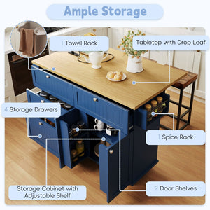 English Elm [product Topmax Farmhouse Island Table with Drop Leaf Power Outlet Drawers and 2 Stools Blue N717S000234C
