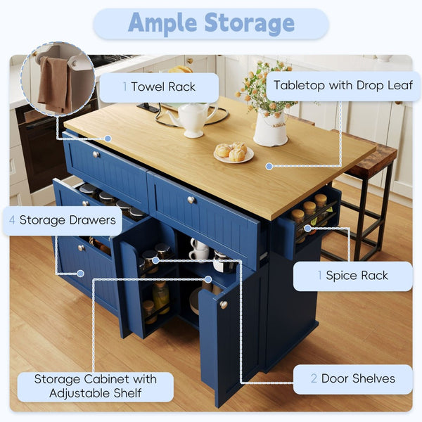 English Elm [product Topmax Farmhouse Island Table with Drop Leaf Power Outlet Drawers and 2 Stools Blue N717S000234C