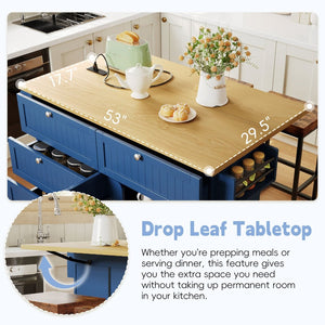 English Elm [product Topmax Farmhouse Island Table with Drop Leaf Power Outlet Drawers and 2 Stools Blue N717S000234C