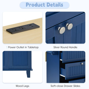 English Elm [product Topmax Farmhouse Island Table with Drop Leaf Power Outlet Drawers and 2 Stools Blue N717S000234C
