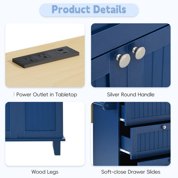 English Elm [product Topmax Farmhouse Island Table with Drop Leaf Power Outlet Drawers and 2 Stools Blue N717S000234C