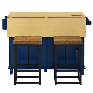 English Elm [product Topmax Farmhouse Island Table with Drop Leaf Power Outlet Drawers and 2 Stools Blue N717S000234C