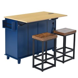 English Elm [product Topmax Farmhouse Island Table with Drop Leaf Power Outlet Drawers and 2 Stools Blue N717S000234C