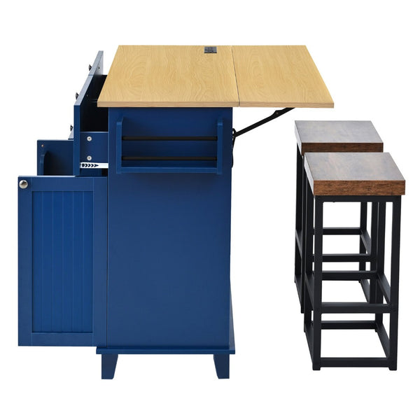 English Elm [product Topmax Farmhouse Island Table with Drop Leaf Power Outlet Drawers and 2 Stools Blue N717S000234C