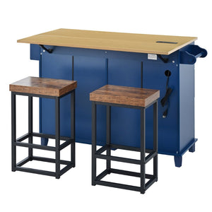 English Elm [product Topmax Farmhouse Island Table with Drop Leaf Power Outlet Drawers and 2 Stools Blue N717S000234C