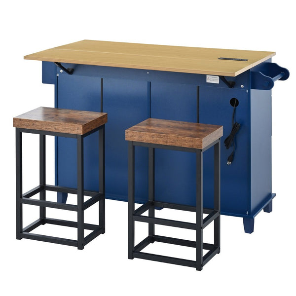 English Elm [product Topmax Farmhouse Island Table with Drop Leaf Power Outlet Drawers and 2 Stools Blue N717S000234C