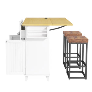 English Elm [product Topmax Farmhouse Island Table with Drop Leaf Power Outlet Drawers and 2 Stools White N717S000234K