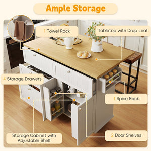 English Elm [product Topmax Farmhouse Island Table with Drop Leaf Power Outlet Drawers and 2 Stools White N717S000234K