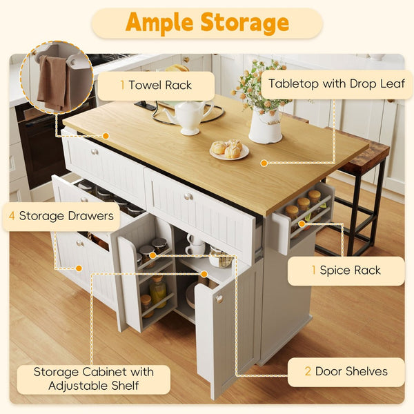 English Elm [product Topmax Farmhouse Island Table with Drop Leaf Power Outlet Drawers and 2 Stools White N717S000234K