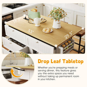 English Elm [product Topmax Farmhouse Island Table with Drop Leaf Power Outlet Drawers and 2 Stools White N717S000234K