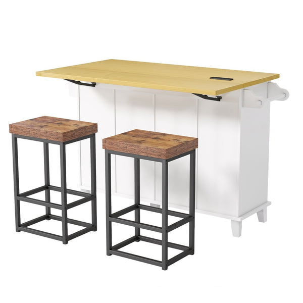 English Elm [product Topmax Farmhouse Island Table with Drop Leaf Power Outlet Drawers and 2 Stools White N717S000234K