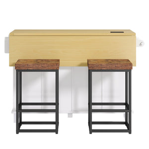 English Elm [product Topmax Farmhouse Island Table with Drop Leaf Power Outlet Drawers and 2 Stools White N717S000234K