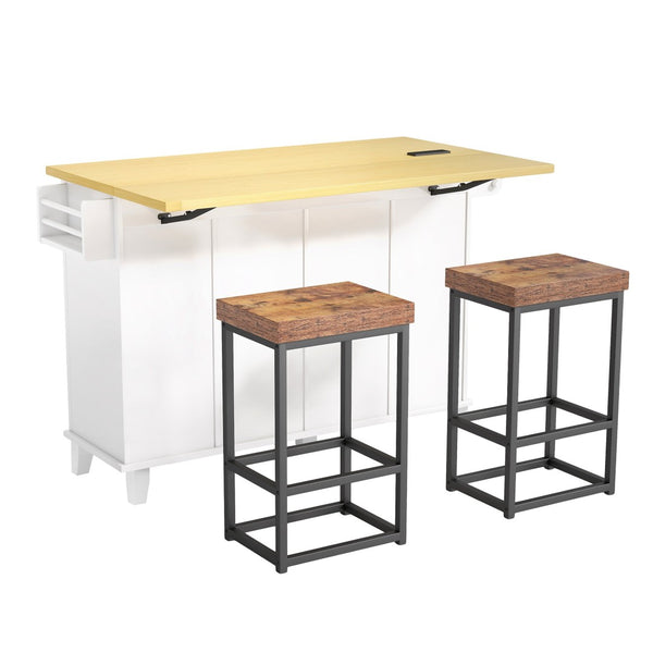 English Elm [product Topmax Farmhouse Island Table with Drop Leaf Power Outlet Drawers and 2 Stools White N717S000234K