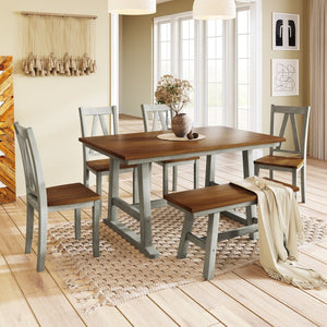 English Elm Topmax Farmhouse Six Piece Dining Set with Acacia Veneer Table Long Bench Four Chairs Walnut+Gray N717S000256E
