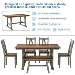 English Elm Topmax Farmhouse Six Piece Dining Set with Acacia Veneer Table Long Bench Four Chairs Walnut+Gray N717S000256E