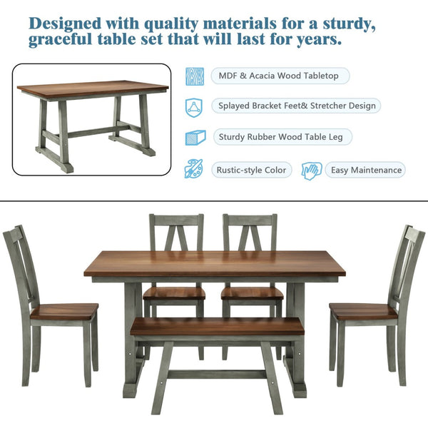 English Elm Topmax Farmhouse Six Piece Dining Set with Acacia Veneer Table Long Bench Four Chairs Walnut+Gray N717S000256E