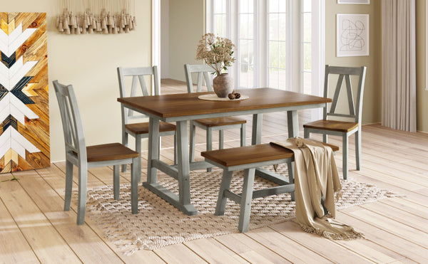 English Elm Topmax Farmhouse Six Piece Dining Set with Acacia Veneer Table Long Bench Four Chairs Walnut+Gray N717S000256E