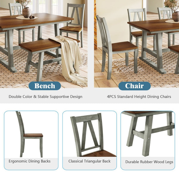 English Elm Topmax Farmhouse Six Piece Dining Set with Acacia Veneer Table Long Bench Four Chairs Walnut+Gray N717S000256E