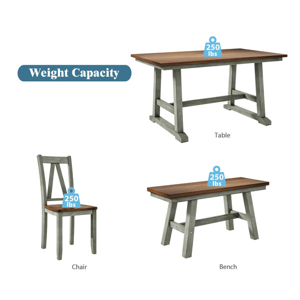 English Elm Topmax Farmhouse Six Piece Dining Set with Acacia Veneer Table Long Bench Four Chairs Walnut+Gray N717S000256E