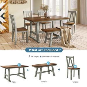 English Elm Topmax Farmhouse Six Piece Dining Set with Acacia Veneer Table Long Bench Four Chairs Walnut+Gray N717S000256E