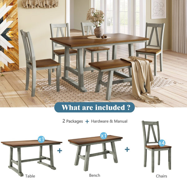 English Elm Topmax Farmhouse Six Piece Dining Set with Acacia Veneer Table Long Bench Four Chairs Walnut+Gray N717S000256E