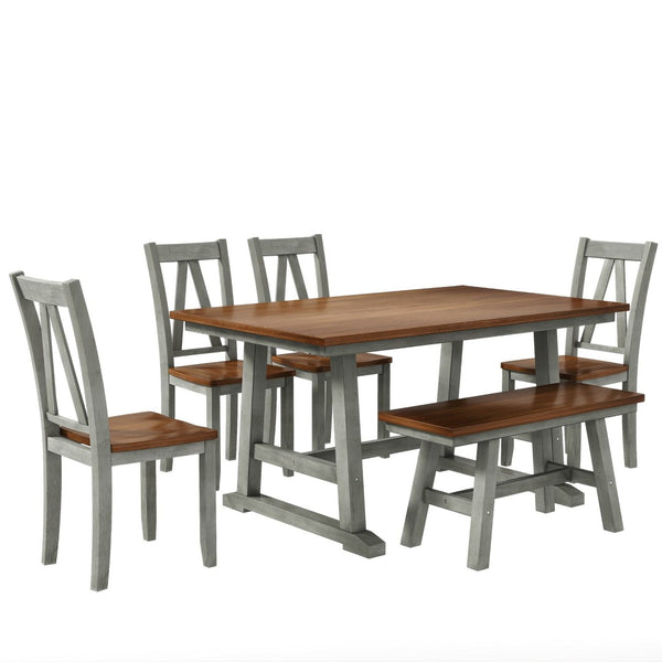 English Elm Topmax Farmhouse Six Piece Dining Set with Acacia Veneer Table Long Bench Four Chairs Walnut+Gray N717S000256E