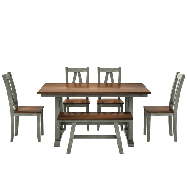 English Elm Topmax Farmhouse Six Piece Dining Set with Acacia Veneer Table Long Bench Four Chairs Walnut+Gray N717S000256E