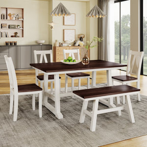English Elm Topmax Farmhouse Six Piece Dining Set with Acacia Veneer Table Long Bench Four Chairs Espresso+White N717S000256K