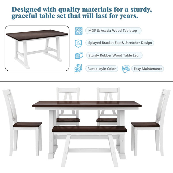 English Elm Topmax Farmhouse Six Piece Dining Set with Acacia Veneer Table Long Bench Four Chairs Espresso+White N717S000256K