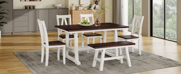 English Elm Topmax Farmhouse Six Piece Dining Set with Acacia Veneer Table Long Bench Four Chairs Espresso+White N717S000256K