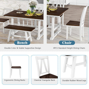 English Elm Topmax Farmhouse Six Piece Dining Set with Acacia Veneer Table Long Bench Four Chairs Espresso+White N717S000256K