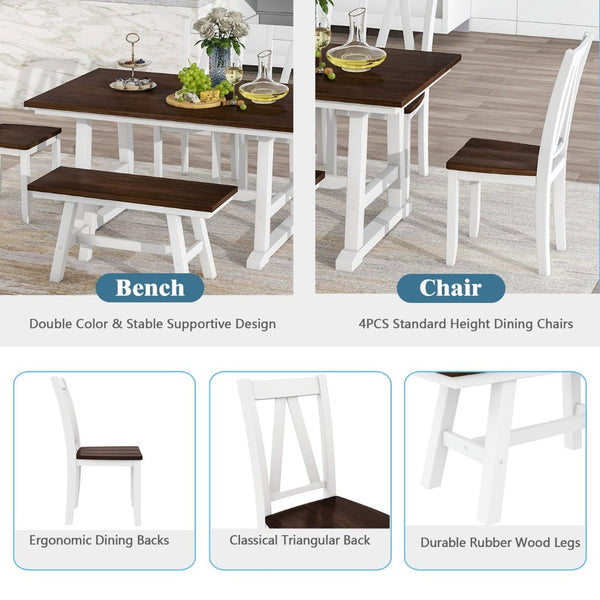 English Elm Topmax Farmhouse Six Piece Dining Set with Acacia Veneer Table Long Bench Four Chairs Espresso+White N717S000256K