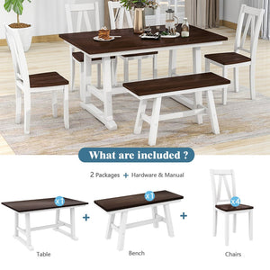 English Elm Topmax Farmhouse Six Piece Dining Set with Acacia Veneer Table Long Bench Four Chairs Espresso+White N717S000256K
