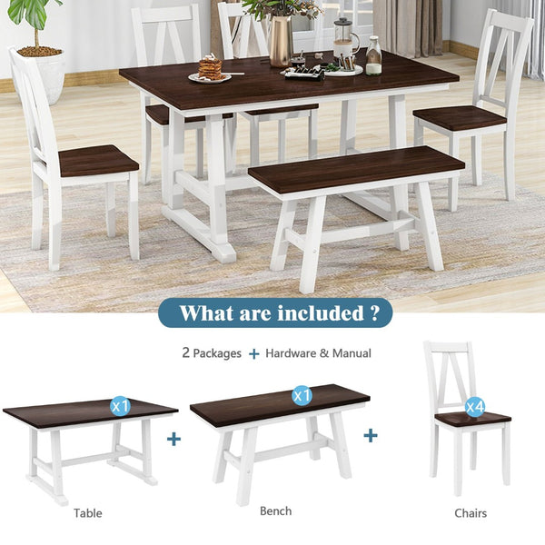 English Elm Topmax Farmhouse Six Piece Dining Set with Acacia Veneer Table Long Bench Four Chairs Espresso+White N717S000256K