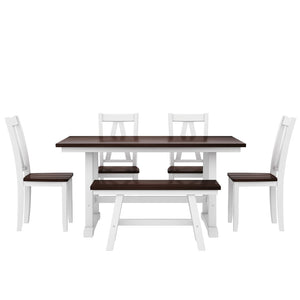 English Elm Topmax Farmhouse Six Piece Dining Set with Acacia Veneer Table Long Bench Four Chairs Espresso+White N717S000256K
