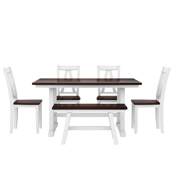 English Elm Topmax Farmhouse Six Piece Dining Set with Acacia Veneer Table Long Bench Four Chairs Espresso+White N717S000256K