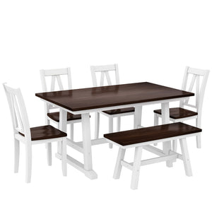 English Elm Topmax Farmhouse Six Piece Dining Set with Acacia Veneer Table Long Bench Four Chairs Espresso+White N717S000256K