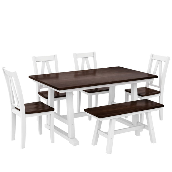 English Elm Topmax Farmhouse Six Piece Dining Set with Acacia Veneer Table Long Bench Four Chairs Espresso+White N717S000256K