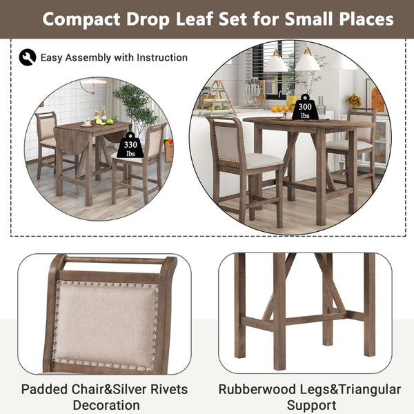 English Elm Topmax Drop Leaf Rubberwood Counter Dining Set with Upholstered Chairs for Small Spaces Brown N717S000259D
